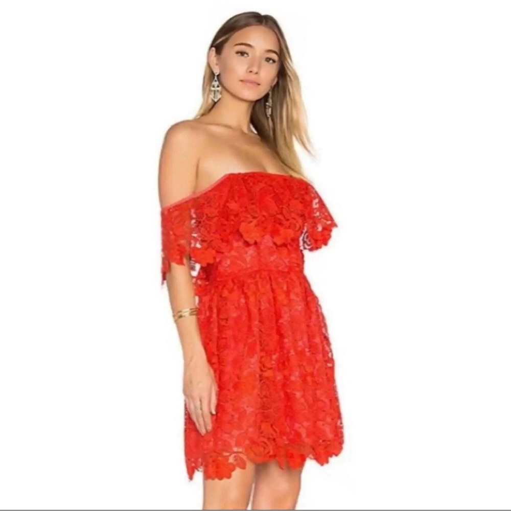 NWT Lovers and Friends Revolve Off-Shoulder Red Lace Floral Mini Dress